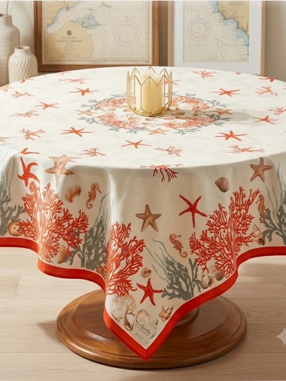 NWT Beauvillé Luxury French Tablecloth – Coastal Coral & Seashells 67" x 67"